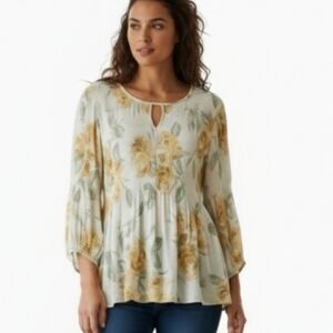 Floral & Ivy XL Cream Floral Peasant Tunic Top Smocked Keyhole Neck Size XL